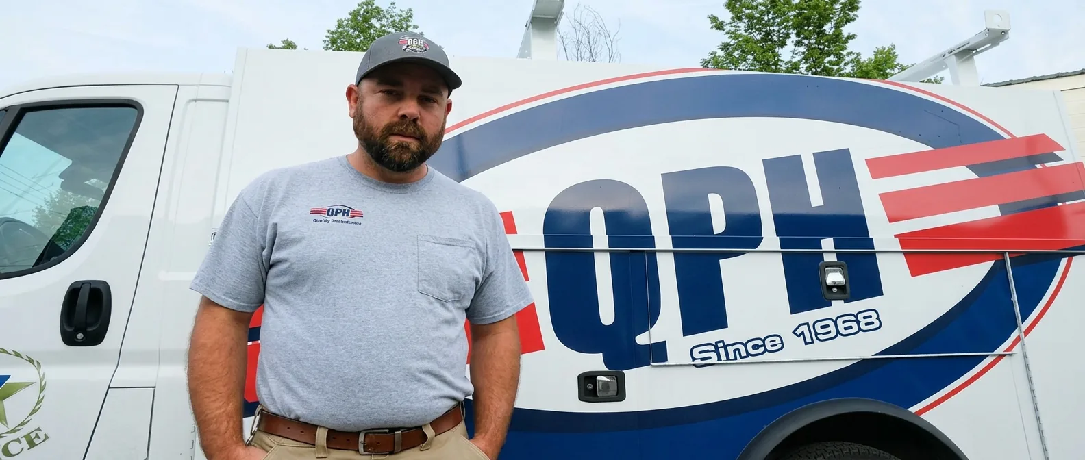 QPH technician in front of a Quality Plumbing & Heating service van