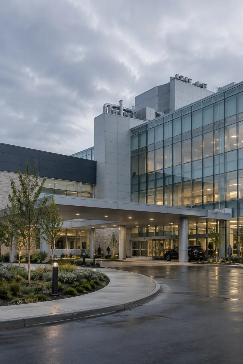 Hospital entrance with rooftop mechanical equipment served by QPH in Indiana