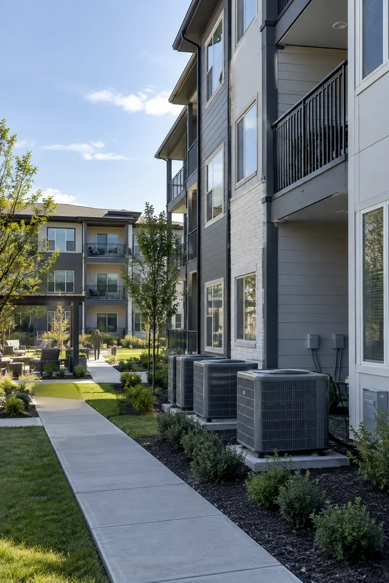 Apartment community with outdoor condensing units serviced by QPH in Indiana
