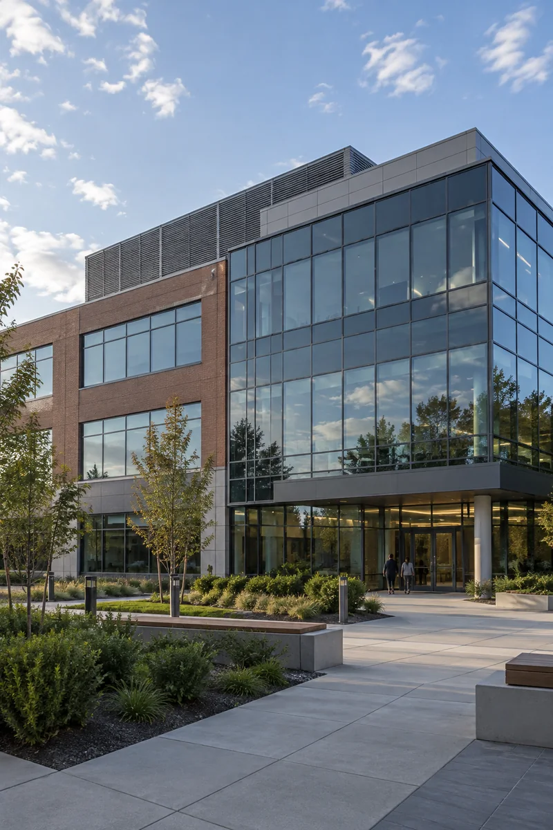 Office building with rooftop mechanical equipment serviced by QPH in Indiana