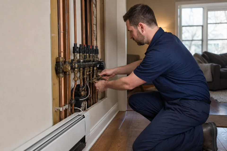 QPH technician checking boiler pressure gauges during a maintenance visit
