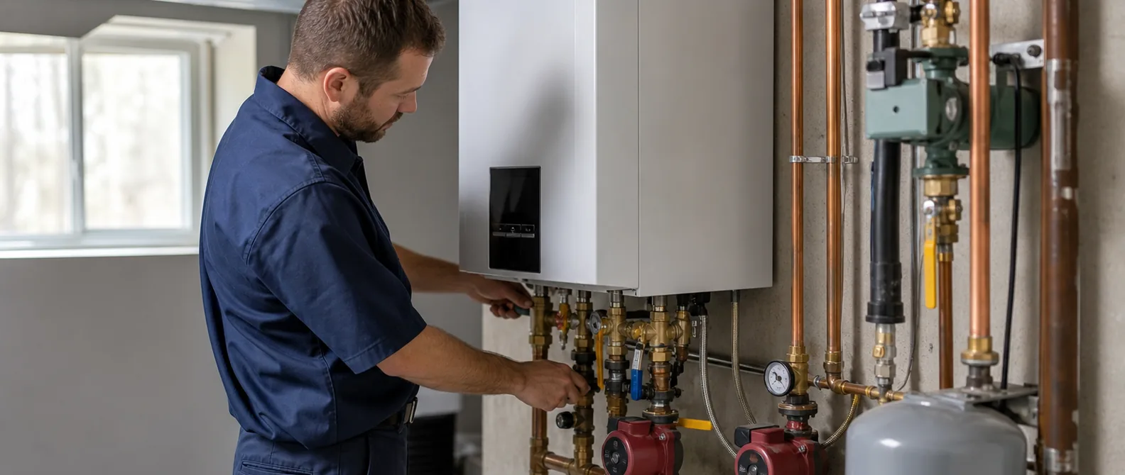 Wall hung residential condensing boiler with hydronic piping in Kokomo, Indiana