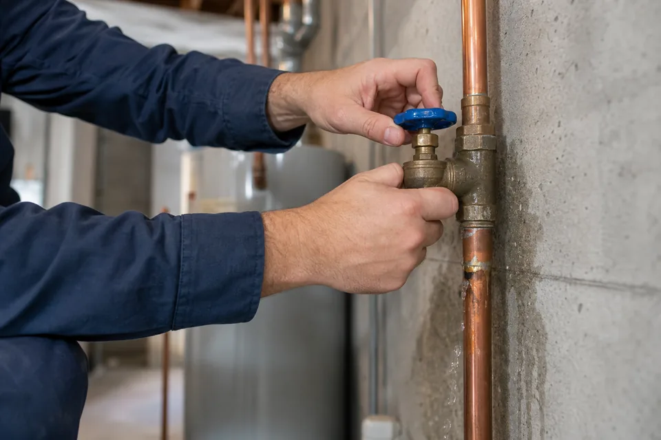 Technician shutting off the main water valve during an emergency plumbing call