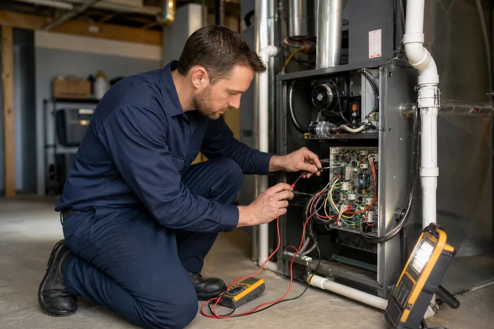 QPH technician diagnosing a furnace control board at night