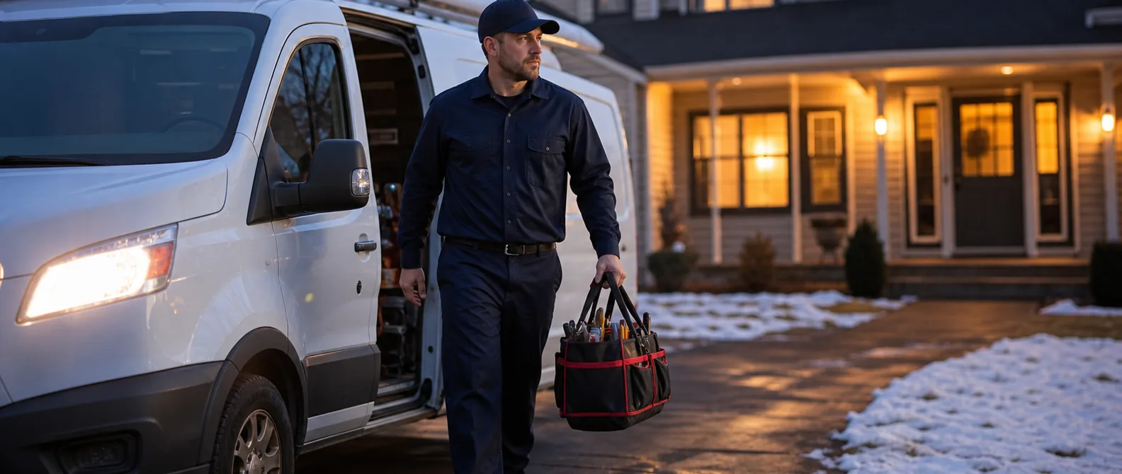 QPH technician arriving at a home in the evening for an emergency service call in Kokomo, Indiana