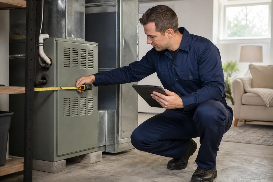 QPH technician evaluating an aging residential furnace