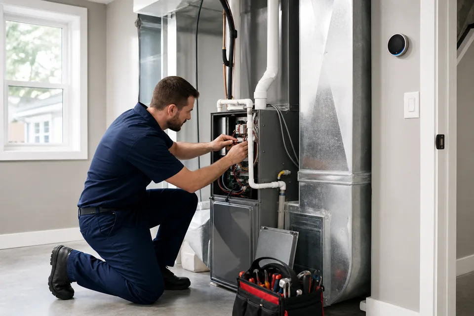 QPH technician reviewing furnace options with a homeowner