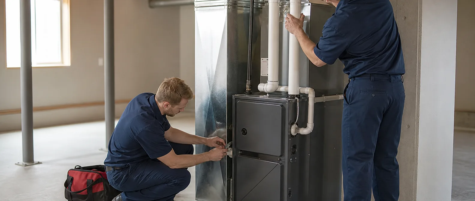 QPH technicians installing a new high-efficiency gas furnace in a home in Kokomo, Indiana