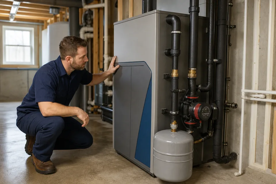 QPH technician servicing an indoor geothermal heat pump unit