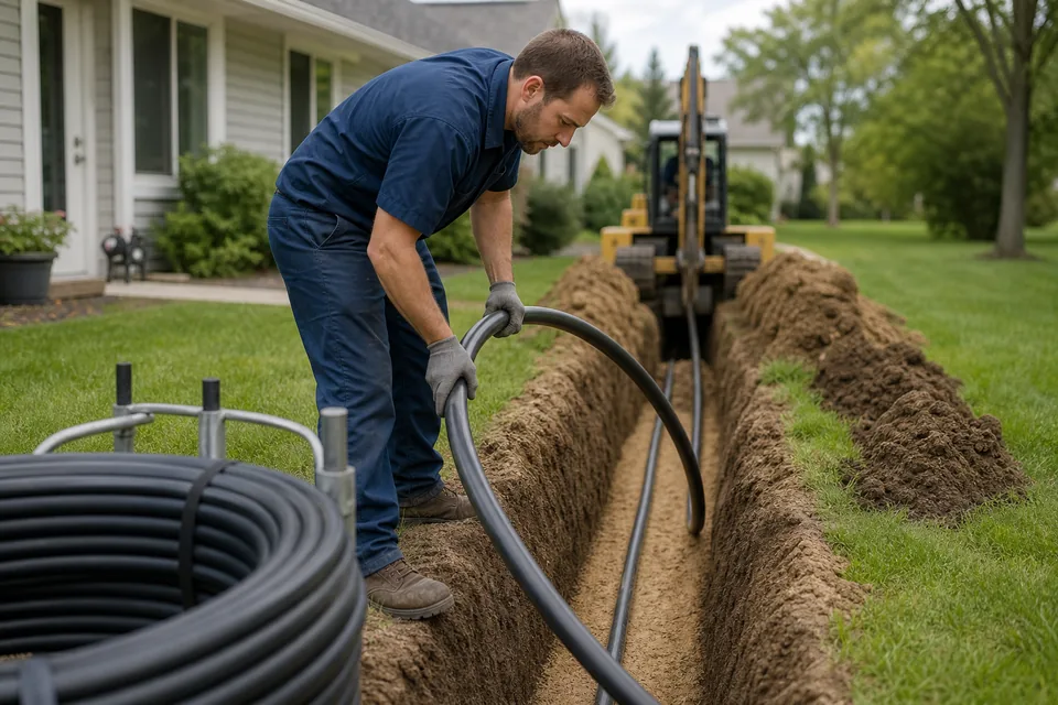 Geothermal loop piping being laid in a trench