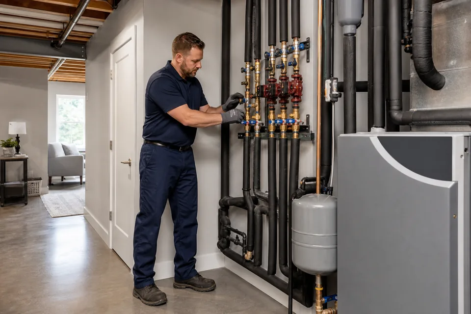 QPH technician reviewing geothermal system controls with a homeowner