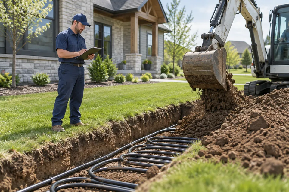 Geothermal ground loop installation in the yard of a home, reviewed by a QPH technician