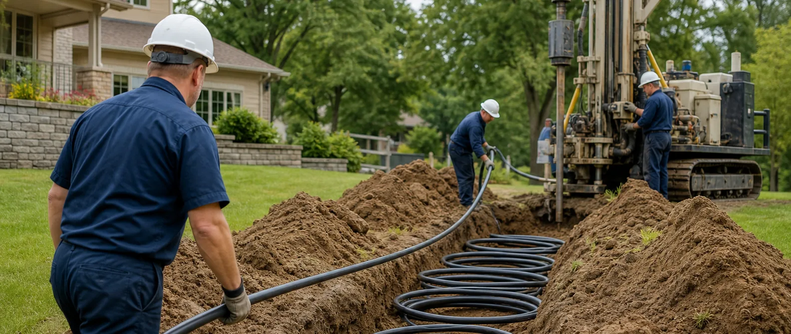 Geothermal ground loop being installed in a residential yard in Kokomo, Indiana