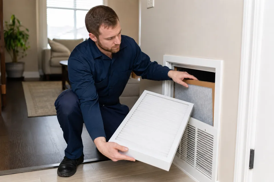 QPH technician cleaning residential HVAC equipment during a seasonal visit
