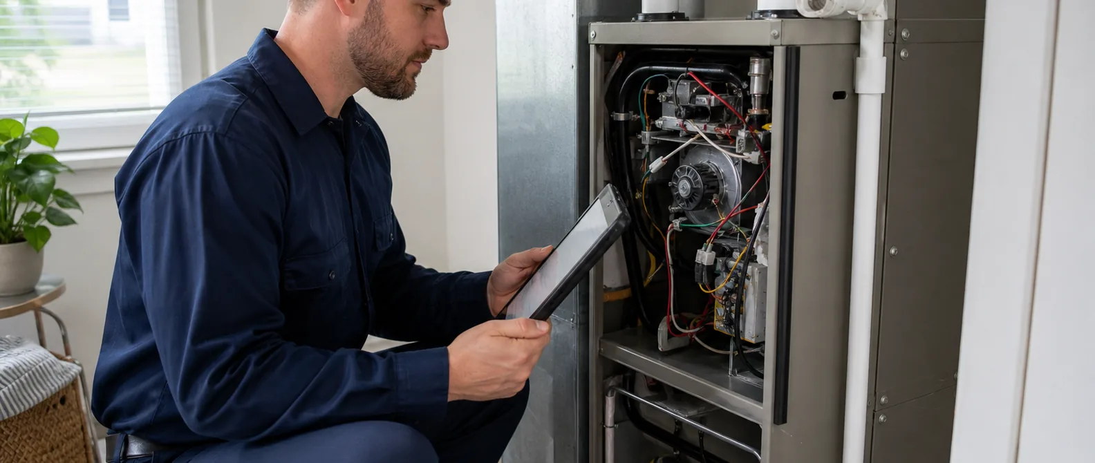 QPH technician performing a seasonal tune up on residential HVAC equipment in Kokomo, Indiana