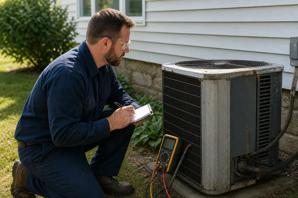 QPH technician evaluating an aging outdoor air conditioning unit