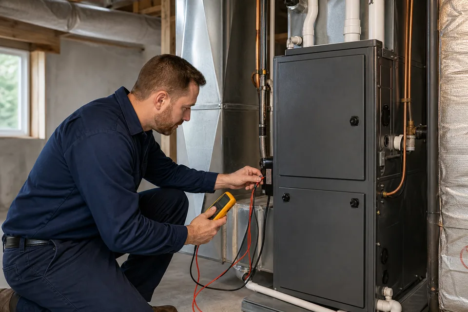 Newly installed indoor coil and air handler in a clean mechanical room