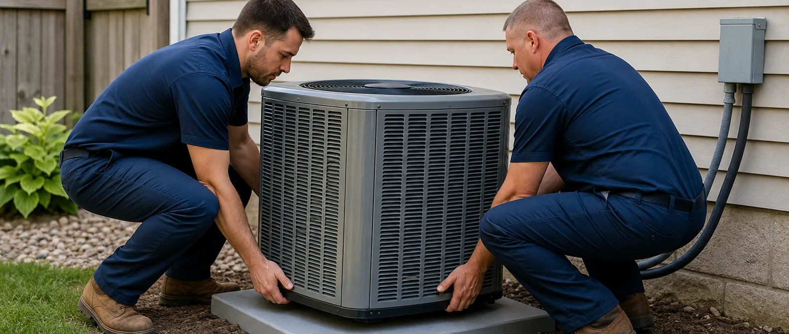QPH technicians setting a new air conditioning condenser on a pad beside a home in Kokomo, Indiana
