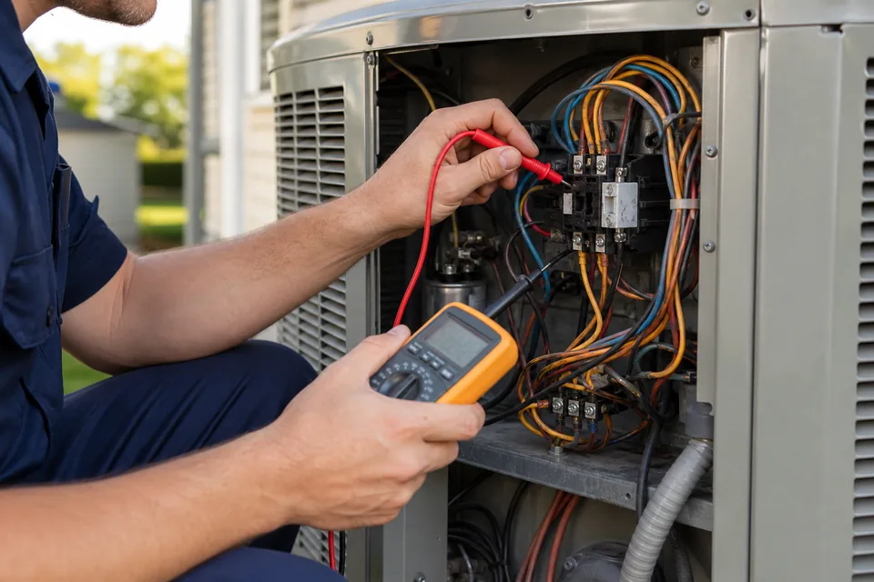 QPH technician testing electrical components inside an air conditioning condenser