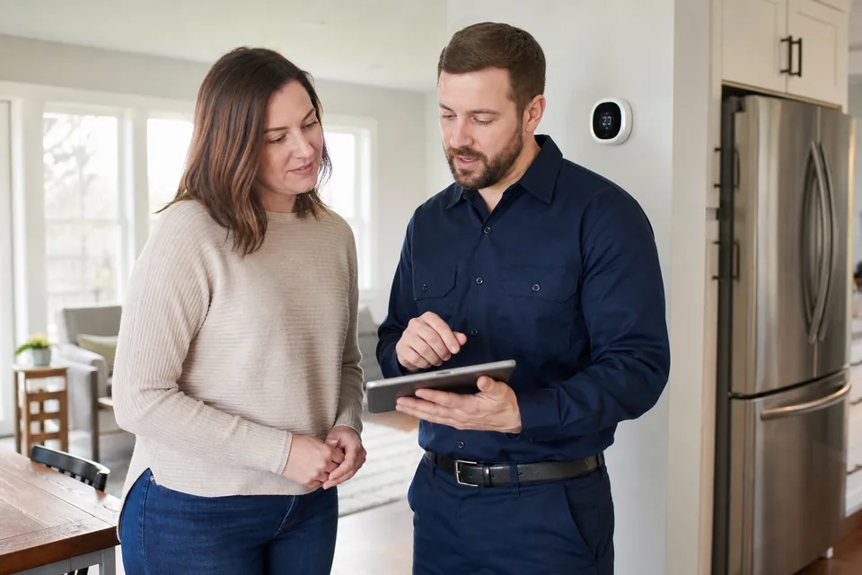 QPH technician reviewing an air conditioning diagnosis with a customer
