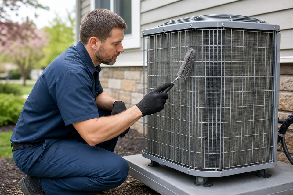 QPH technician cleaning an air conditioning condenser coil during a tune up