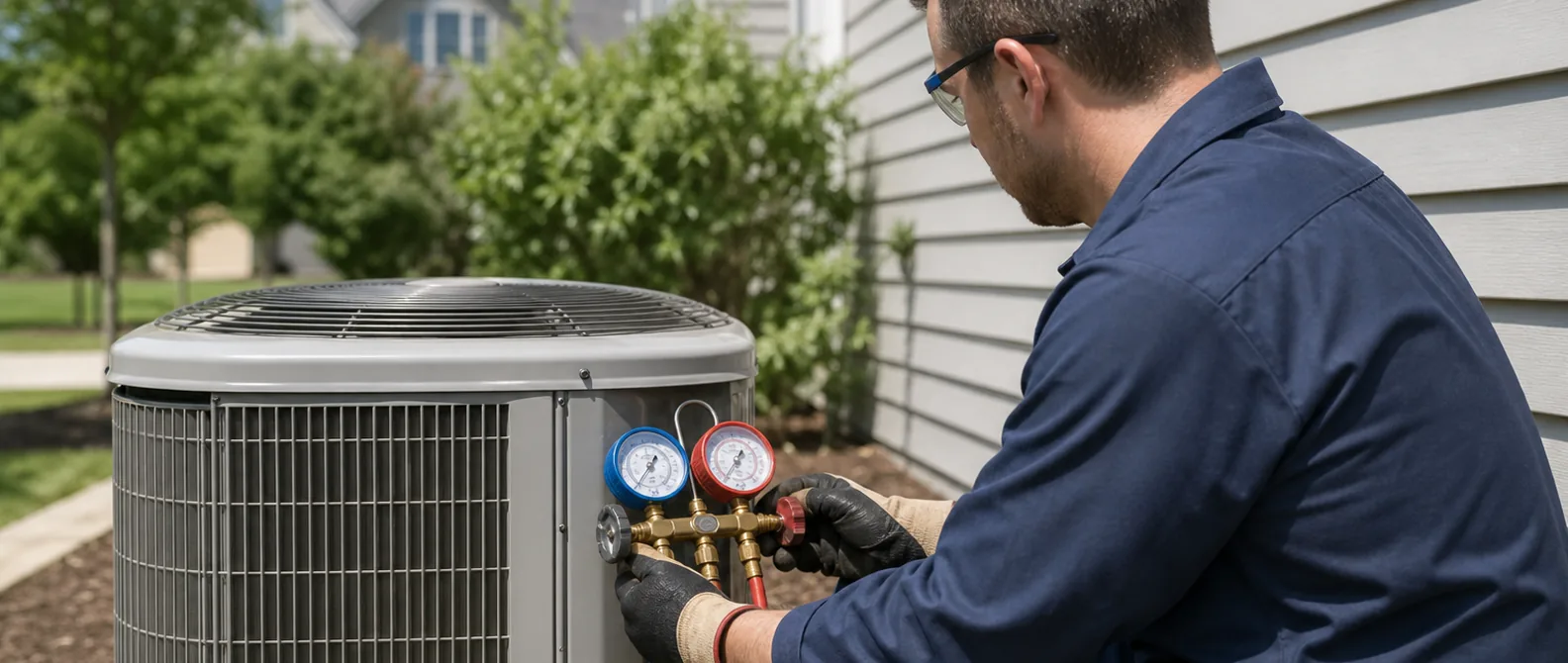 QPH technician checking refrigerant gauges on an outdoor air conditioning unit in Kokomo, Indiana