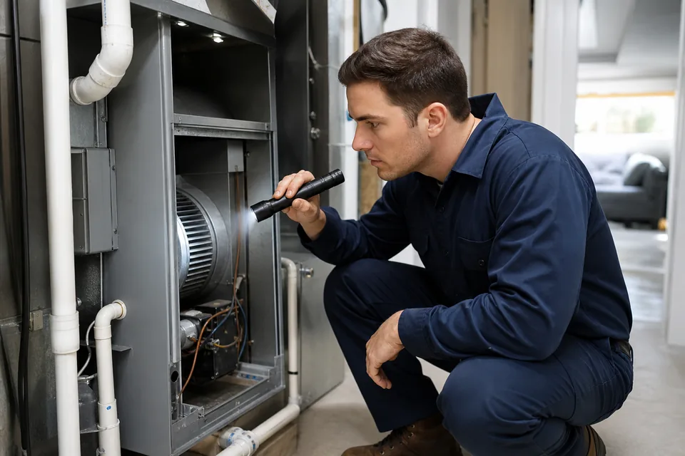 QPH technician performing a seasonal cooling tune up on an indoor air handler