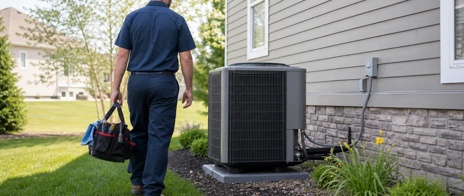 QPH technician approaching an outdoor air conditioning unit beside a home in Kokomo, Indiana