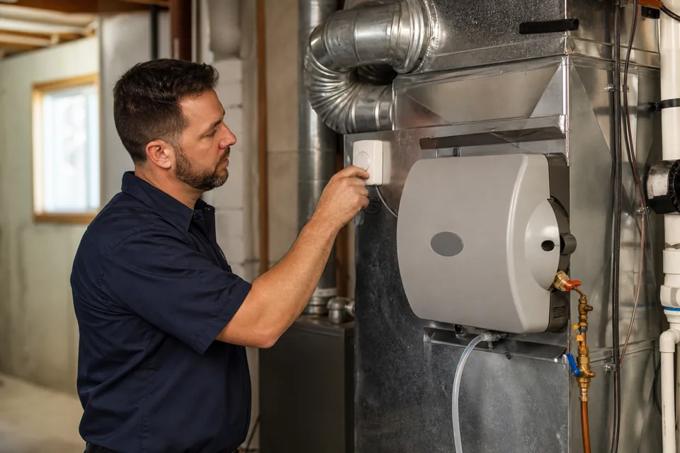 Whole-home humidifier installed on residential furnace ductwork