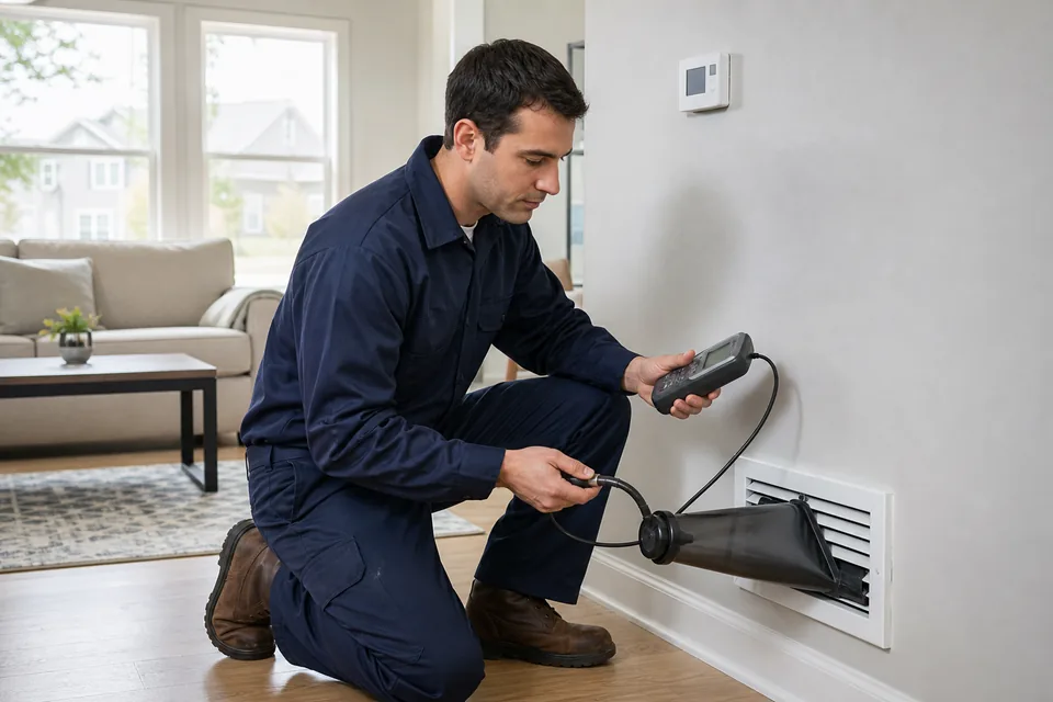 QPH technician checking airflow at a floor register in a living room