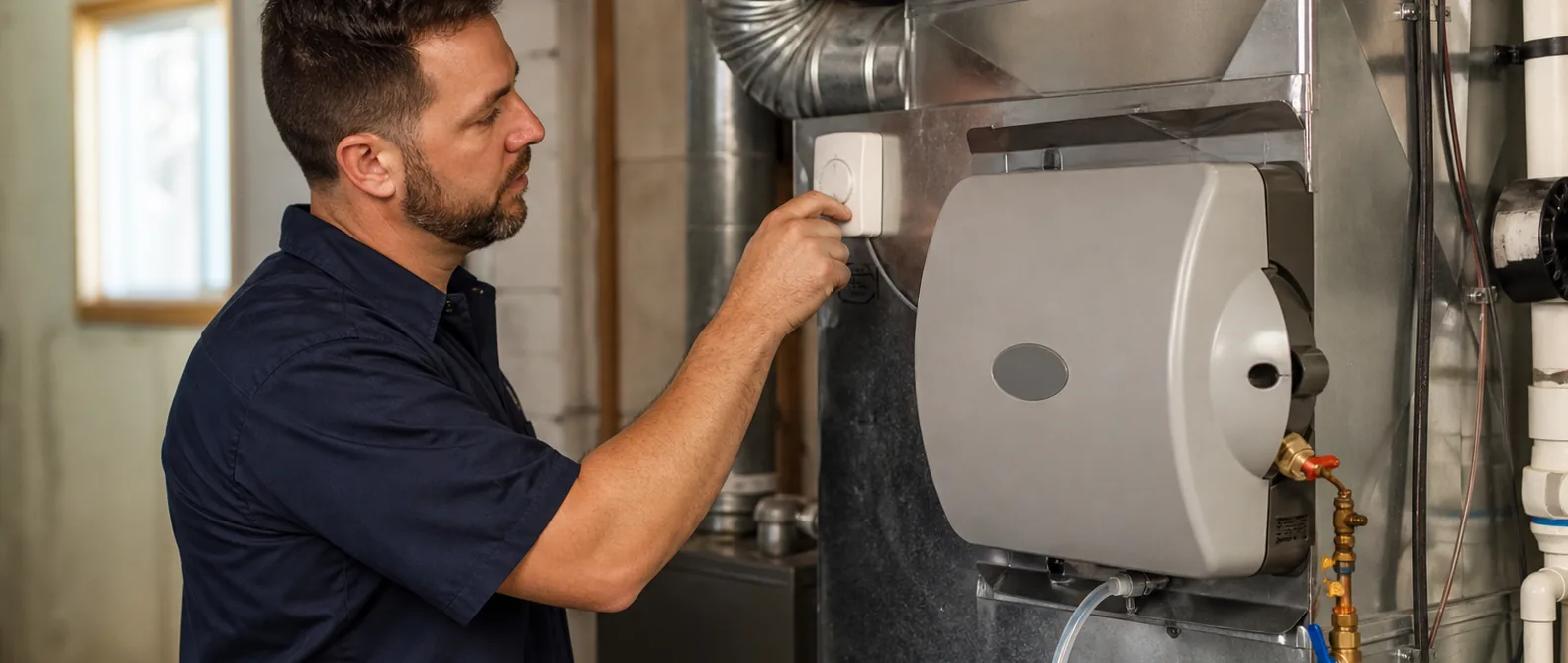 QPH technician installing a whole-home filtration cabinet on residential ductwork in Kokomo, Indiana