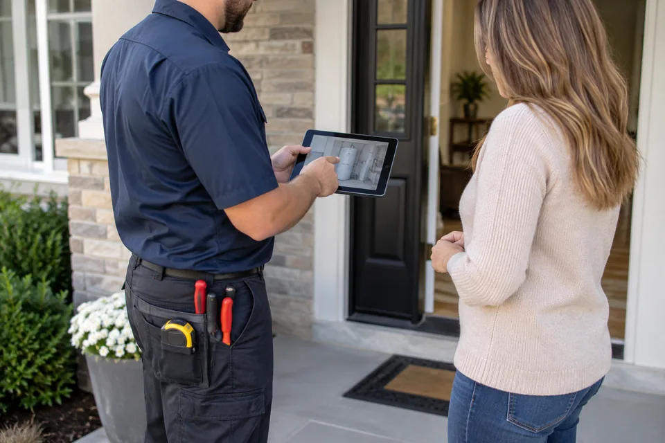 QPH plumber reviewing a completed job with a customer