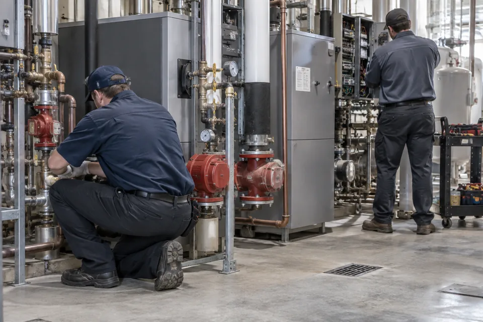 QPH plumber and HVAC technician working together in a commercial mechanical room