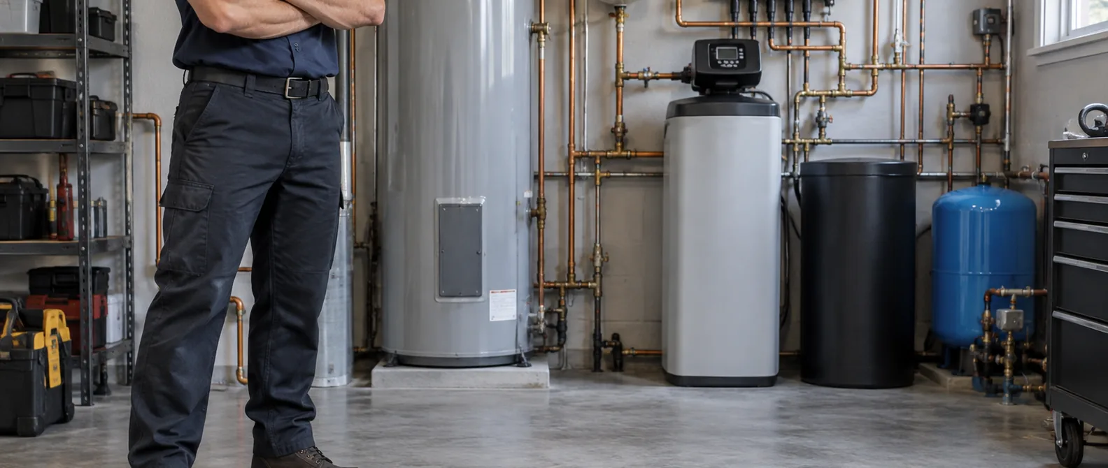 QPH plumber in a mechanical room with a water heater, softener and piping in Kokomo, Indiana