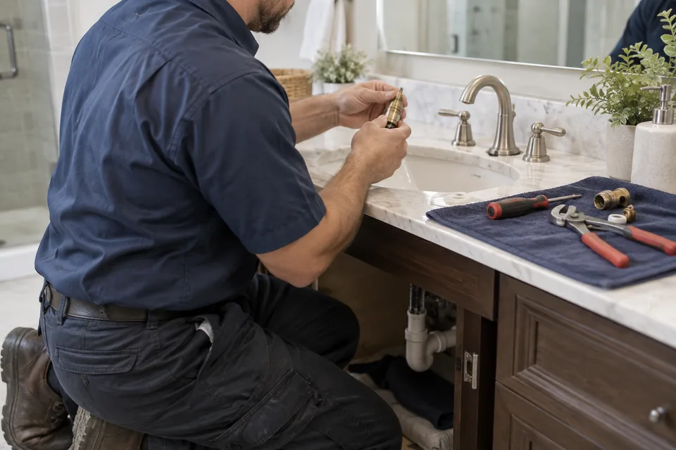 QPH plumber replacing a faucet cartridge at a bathroom sink