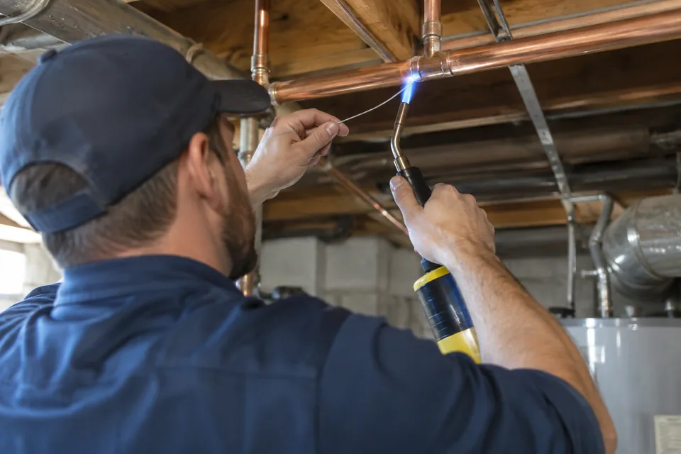 QPH plumber soldering a copper water line in a basement