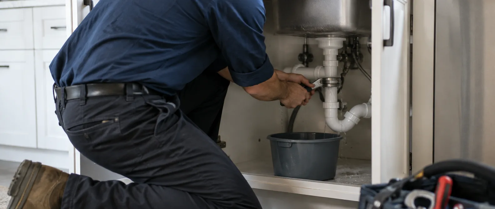 QPH plumber repairing a leaking pipe under a kitchen sink in Kokomo, Indiana