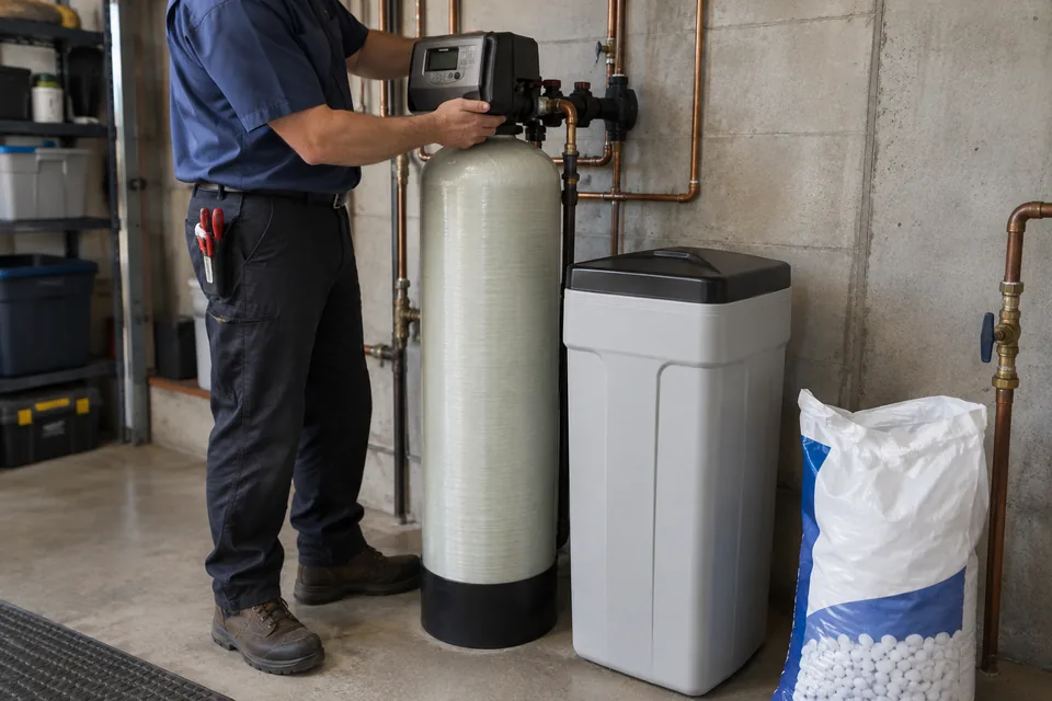 QPH plumber setting up the control head on a water softener