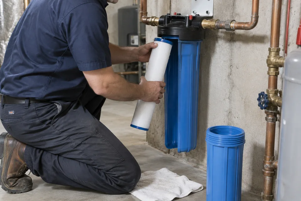 QPH plumber changing a whole-home water filter cartridge