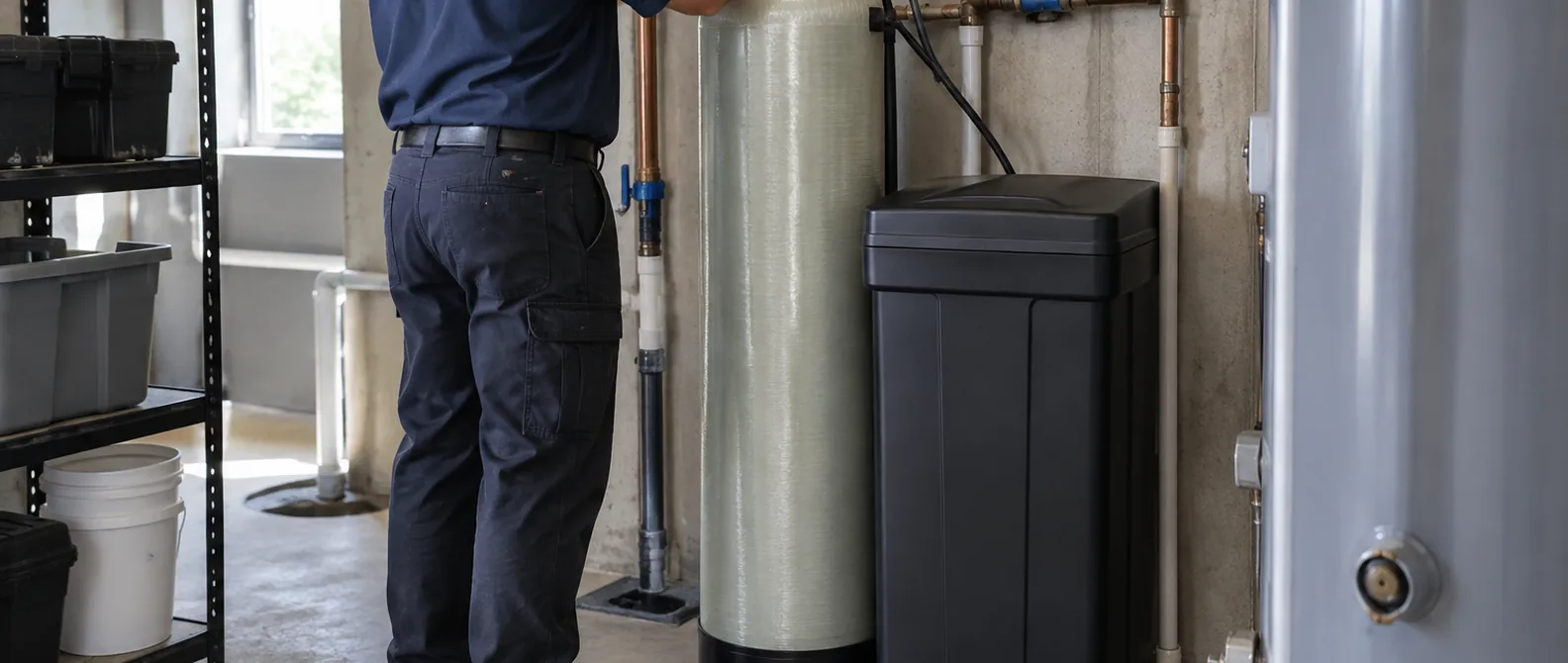 QPH plumber installing a water softener and brine tank in a utility room in Kokomo, Indiana