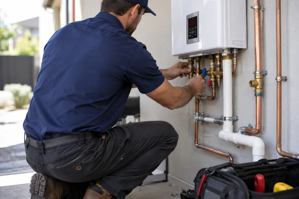 Wall-mounted tankless water heater with connections being adjusted by a QPH plumber