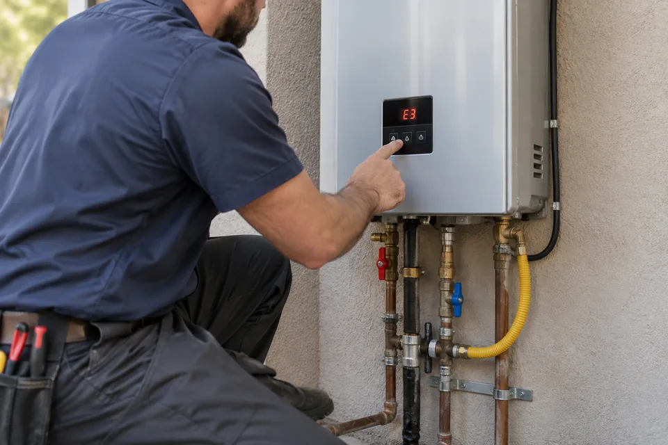QPH plumber reading the display on a tankless water heater