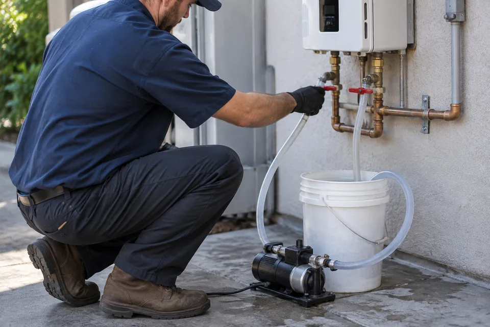 QPH plumber descaling a tankless water heater