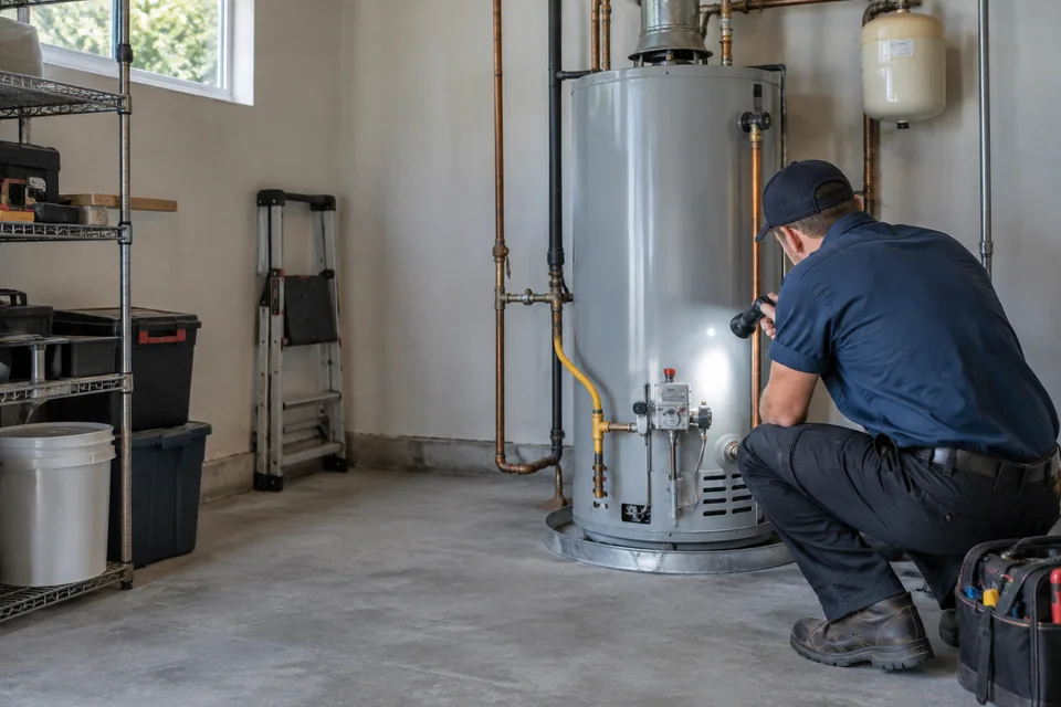 QPH plumber checking the relief valve on a tank water heater