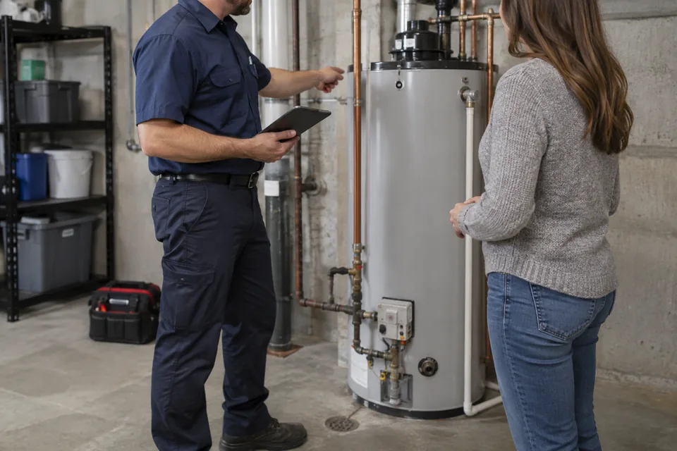QPH plumber explaining water heater repair options to a customer