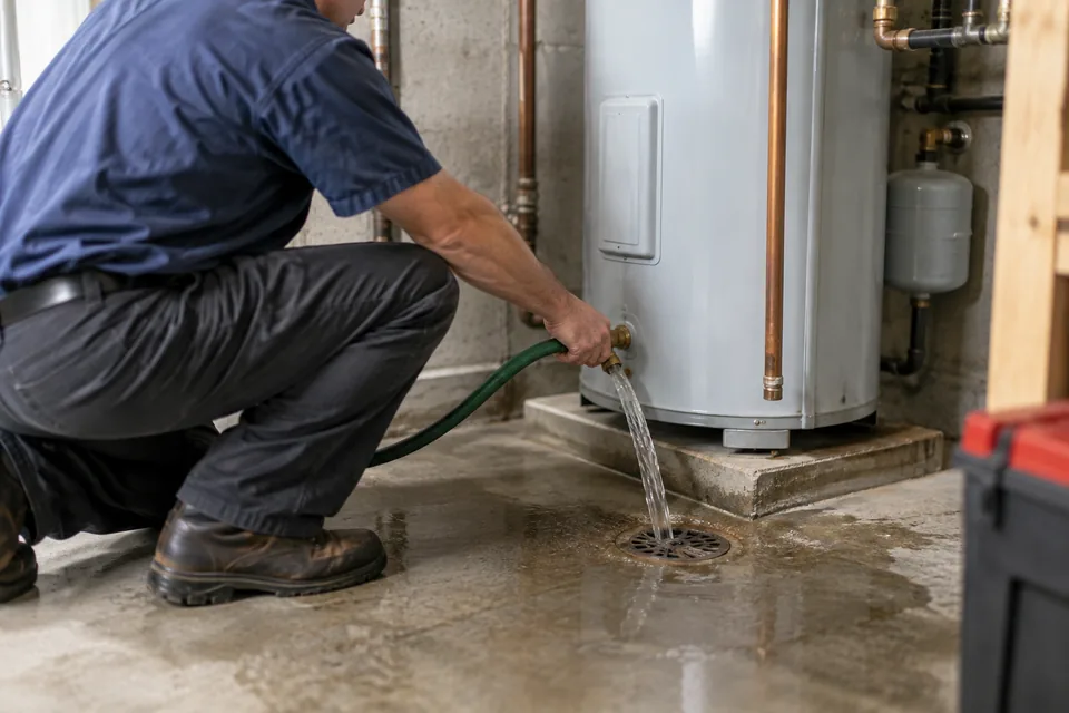 QPH plumber flushing sediment from a tank water heater