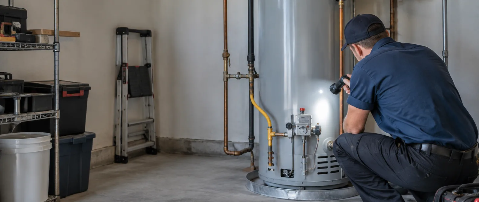 QPH plumber inspecting a gas tank water heater in a utility room in Kokomo, Indiana