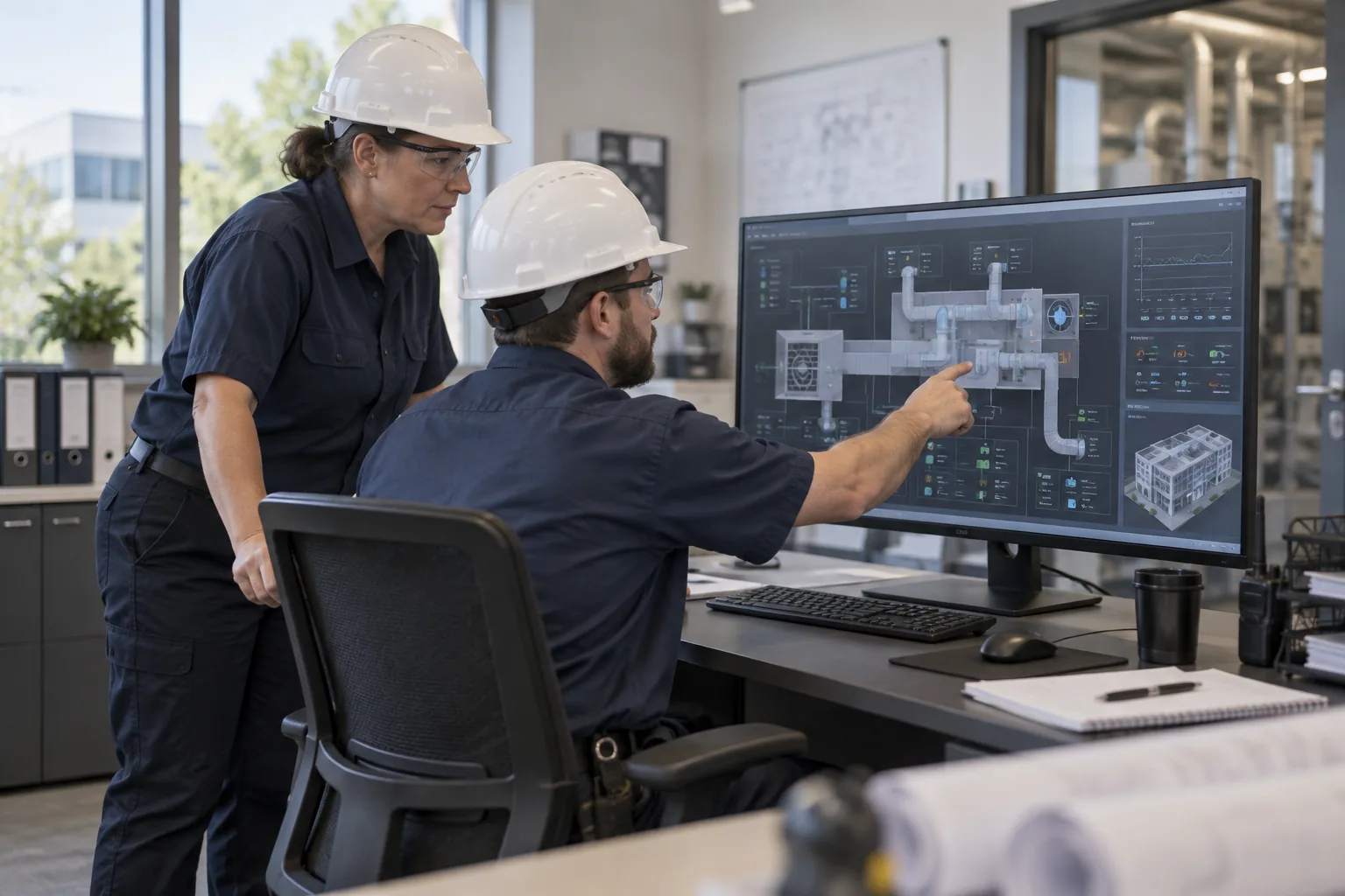 Facility manager and QPH controls technician reviewing a building automation front end
