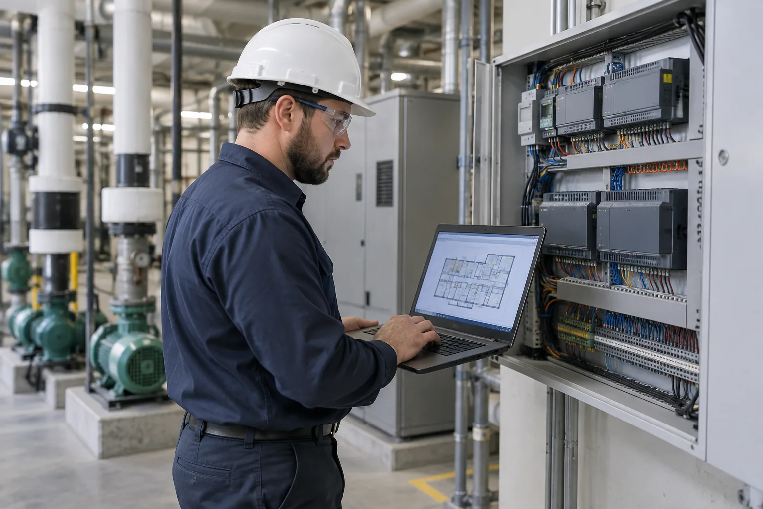 QPH controls technician programming a building automation panel in a facility mechanical room in Indiana