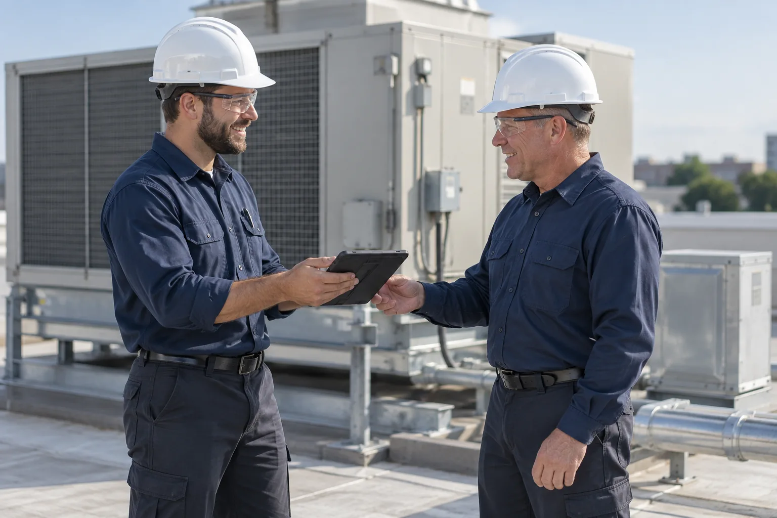 QPH service technician reviewing a maintenance visit with a facility manager beside a rooftop unit